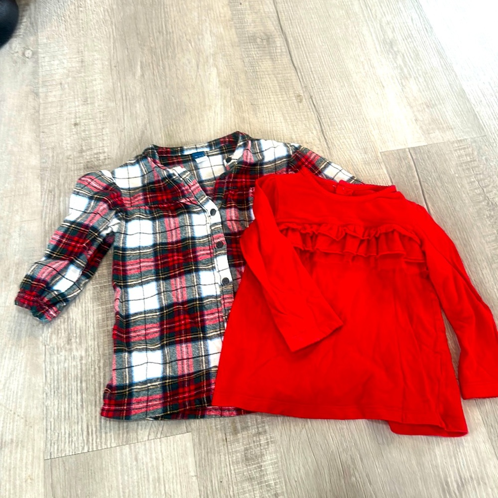 Baby Girl Winter Shirt Set Plaid Fleece and Red Long Sleeve Size 18-24 months